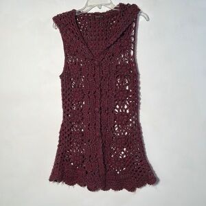 BASK ATELIER Boho Sleeveless Button Up Maroon Hooded Floral Crochet Vest SZ XS/S